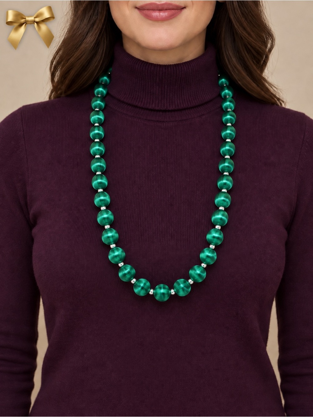 Vintage Emerald Green Thread-Wrapped Bead Long Single-Strand Necklace 30 Inch